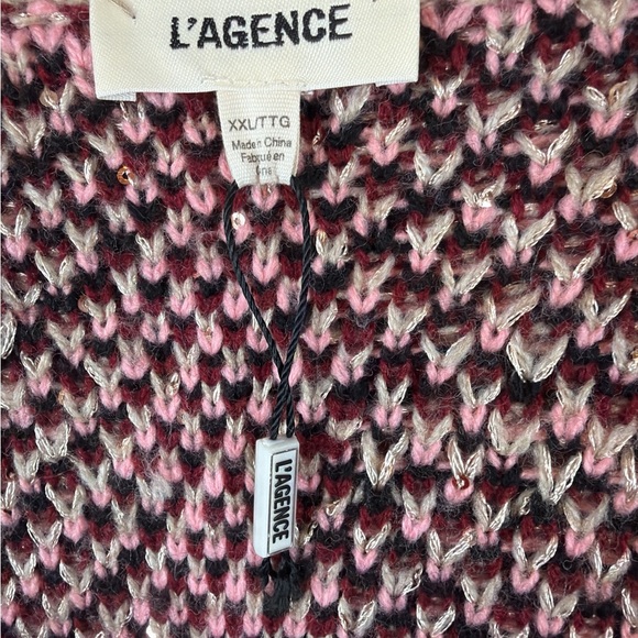 L'AGENCE Maci Sequin Houndstooth Cardigan Burgundy & Cream - Picture 4 of 6